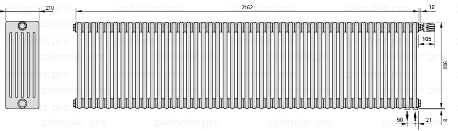Схема (чертеж) Радиатор Zehnder Charleston 6090/47 №V002 Белый глянцевый RAL 9016